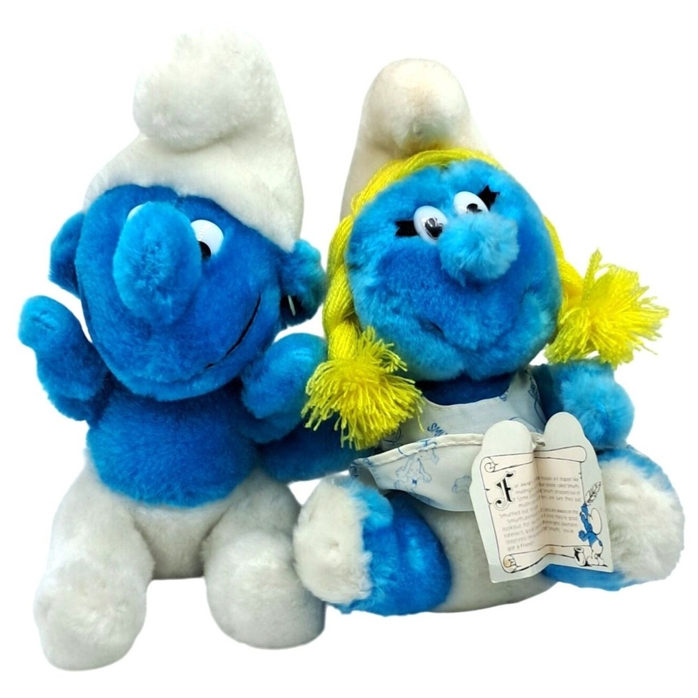 Smurf Smurfette Plush Dolls By Applause With Yellow Braids & Dress Vintage 1980s